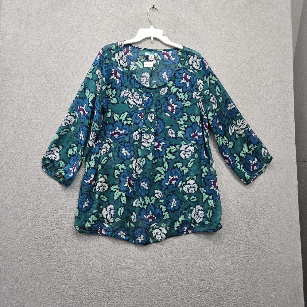 Old Navy Women Blouse XL Green Floral Pleated Sheer 3/4 Sleeve Scoop Neck